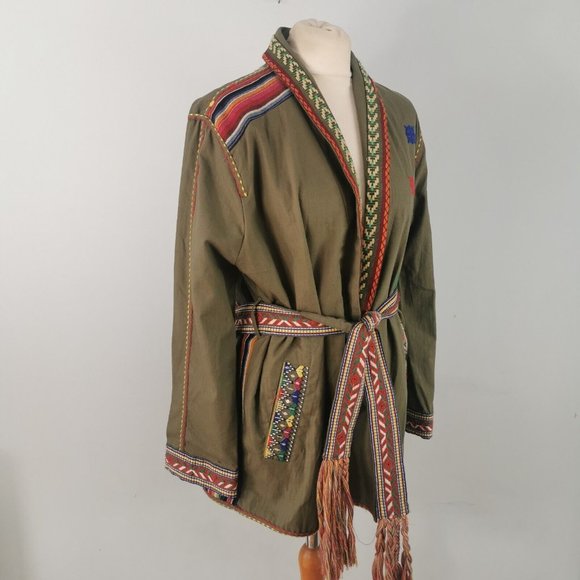 ZARA Green Mirrored Embroidered Tie Waist Boho Ethnic Jacket Small Fits 12 14 - Picture 8 of 9